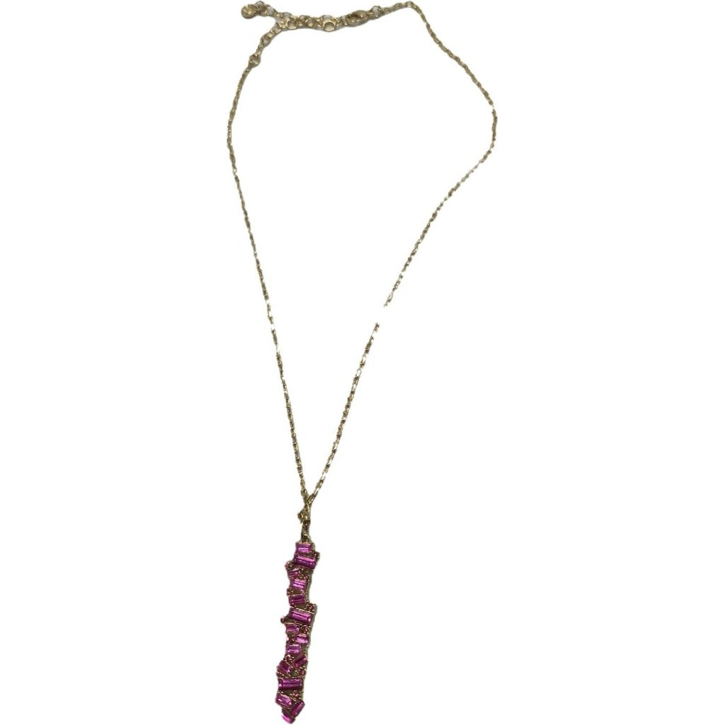 R J Graziano Gold Tone Pink Baguette Rhinestone Pendant Necklace Gold Tone Chain
